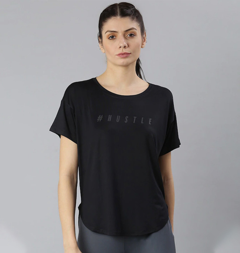 "Women Black Typography Printed Dri-FIT Sports T-shirt "